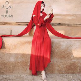 YOSIMI Maxi Cotton and Linen Vintage Long Women Dress Summer Party Dresses Red Slash Neck Full Sleeve Tassel Female Vestido 210604