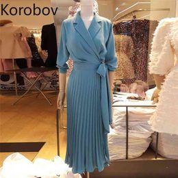 Korobov Summer New Arrival Korean Dress Elegant Notched Collar OL Pleated Dresses Vintage Solid Lacing Vestidos Mujer 210430