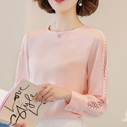 Long Sleeve blusas mujer de moda Ladies Office Shirts Korean Lace Hollow Out Women Top White Chiffon Blouses 821F 210420