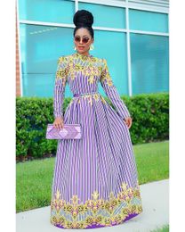 Women Autumn Fashion Maxi Dress Lady Long Sleeve O Neck High Waist Purple Dress 210415