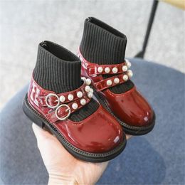 Spring autumn kids girls shoes cute toddlers baby pearl high-top leather shoes knitted children's soft-soled short boots