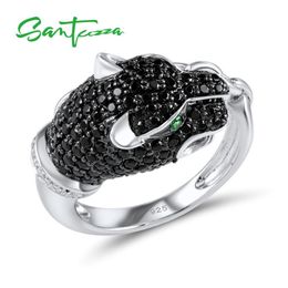 SANTUZZA Silver Ring For Women 925 Sterling Innovative animal Leopard Black Spinels Unique Party Fashion Jewellery 211217