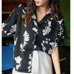 Chic Retro Short Sleeve Shirt Women's Summer Suit Collar Printed Top Loose Casual Blouse Female Plus Size Black 210601