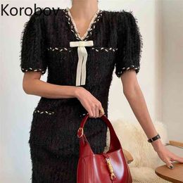 Korobov Tassel Design V Neck Short Sleeve Dress Women Contrast Color Elegant Fashion Short Dresses Female Korean Style Vestidos 210430