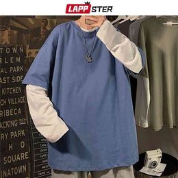 LAPPSTER Men Patchwrok Oversized T Shirt Long Sleeve Autumn Mens Harajuku Korean Fashion Tshirts Fake Two Pieces Tops Tees 210714