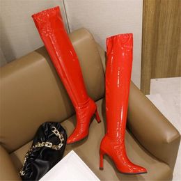 Botas de moda outono inverno mulheres couro patente apontou toe coxa alta longa sexy magro sobre o joelho sapatos de salto mulher