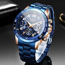 LIGE Blue Watch For Man Fashion All Steel Mens Watches Top Brand Luxury Military Waterproof Clock Sport Chronograph+Box 210527