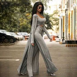 ZHYMIHRET 2020 Autumn Winter Ribbed 3 Pieces Set Women Crop Top High Waist Wide Leg Pants Set Long Sleeve Trench Coat Y0625