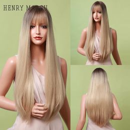 Long Silk Straight Wigs Lolita Ombre Brown Blonde Golden Synthetic Wigs with Bangs for Women Cosplay Heat Resistantfactory dire