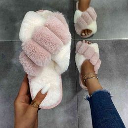 Winter Women Furry Slippers Soft Plush Cross Faux Fur Shoes Indoor Ladies Platform Sandalias Open Toe Fluffy House Slides Y220214