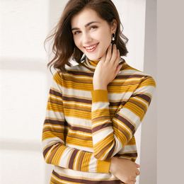 Johnature Women Turtleneck Sweaters Striped 3 Colour Casual Spring Knitted Female Korean Style Slim Sweaters 210521