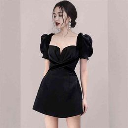 Summer Women's Retro Black Square Neck Mini Dress Elegant Fashion Puff Sleeve Slim A-Line Vestidos Female 210519
