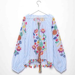 Jastie Spring Autumn Folk Retro Women Blouse Boho Tassel Floral Embroidery Tops Pullovers V-Neck Long Sleeve Blouses Shirts 210419