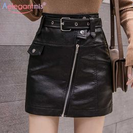 Aelegantmis Slim Faux Leather Skirt Women High Waist Office Lady Pu Mini Female Casual A Line Short s plus size Chic 210607