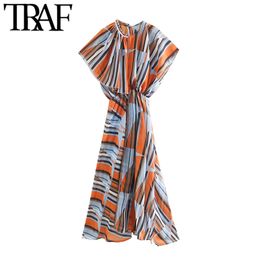 Women Chic Fashion Color Striped Chiffon Maxi Dress Vintage Elastic Waist Asymmetric Side Vents Female Dresses 210507
