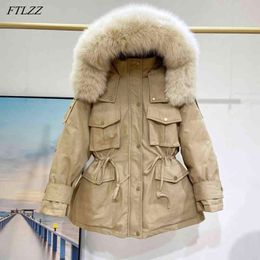 Winter Women Large Real Fur Hooded Parka Jacket 90% White Duck Down Coat Loose Thick Warm Drawstring Snow Outwear 210423