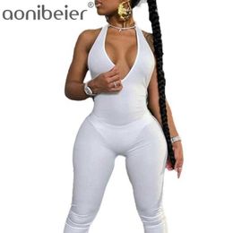 Sexy Deep V Neck Women Rompers Summer Sleeveless Backless Skinny Jumpsuit Solid Fitness Casual Ankle Length 210604