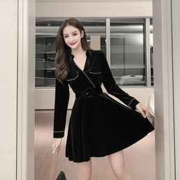 LLZACOOSH Business Summer Black Dress Fashion Women Long sleeve V neck velvet Party Dress Office OL Slim Formal Dress 210514