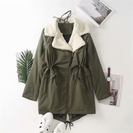 Evfer Women Fashion Patchwork Green Cotton Long Outwear Oveszie Lady Stylish Drawstring Adjustable Waist Slim Jackets Coat Chic 210421