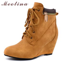 Winter Ankle Boots Women Zipper Wedge High Heels Short Lace Up Round Toe Shoes Female Autumn Large Size 34-46 210517