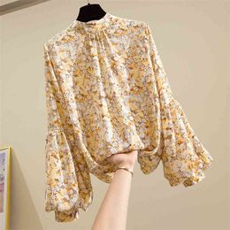 Spring Summer Women's Stand-up Collar Lantern Sleeve Chiffon Shirt Korean Wild Fashion Floral Blouse Women GD448 210506