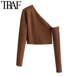 TRAF Women Fashion Hollow Out Cropped Knitted Sweater Vintage Asymmetric Neck Long Sleeve Female Pullovers Chic Tops 210805