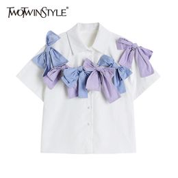 Casual Hit Colour Shirts For Women Lapel Short Sleeve Patchwork Bowknot Straight Loose Blouse Female Summer 210524