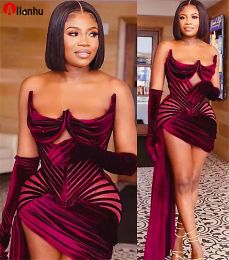 NEW! 2022 Plus Size Arabic Aso Ebi Stylish Burgundy Sexy Prom Dresses Sweetheart Short Velvet Evening Formal Party Second Reception Gowns Dress