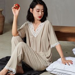 Sexy V Neck Loose Women's Pajamas Set Short Sleeve Trousers Home Wear Clothes Modal Cotton Lace Nightwear Female Pijamas Suit Q0706