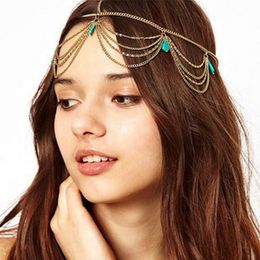 Ethnic Boho Weddings Bride Hairpin Accessories for Women Gold Tassels Charm Hairbands Green Turquoises Head Chains Jewellery