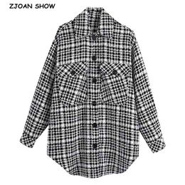Autumn Winter Oversize Check Plaid Tweed Jacket Coat Vintage Long Sleeve Shirt Pockets Female Outerwear Chic Tops 210429