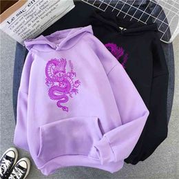 vintage women's hoodie China dragon print purple hooded sweatshirt Harajuku hip-hop top streetwear women casual Oversize 210805