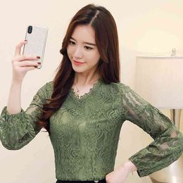 Women clothing fashion women's shirts Long sleeve black Green Lace blouse shirt crochet hollow out V Necek blusas 80C5 210420