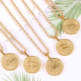 Latt Dign Stainls Steel Gold Plated Horoscope Coin Jewellery 12 Constellations Zodiac Necklace