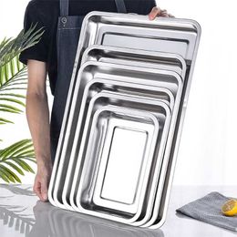 Rectangular Food Shallow Trays Stainless Steel Barbecue Fruit Storage Plate Steamed Dish Pastry Baking Pan Kitchen Utensils 211110