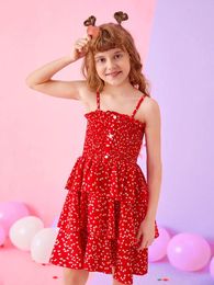 Girls Confetti Heart Print Frill Shirred Layered Hem Cami Dress SHE