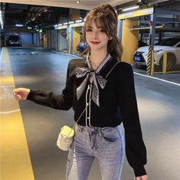 autumn and winter new women's knit sweater top loose long-sleeved slim-fitting commuter bowknot cardigan jacket sweater 210412