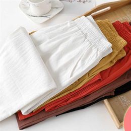 Plus Size Women Cotton Pants Summer Elastic Waist Loose Casual White Harem Pants Women's Pocket Cotton Linen Trousers 211216