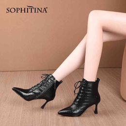 SOPHITINA Shoes For Women Winter Classics Genuine Leather Ankle Boots Pointed Toe Thin Heel Zipper Lace Up Women Boots SO661 210513