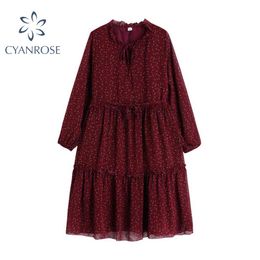 Yitimuceng Vintage Dresses for Women Summer Wine Red Floral Print Bow Long Sleeve Black Party Lace Up Waist Woman Dress 210417