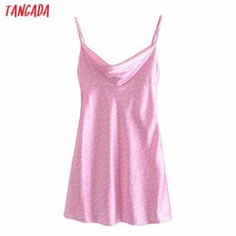 Tangada Women Pink Flower Satin Short Dress Strap Adjust Sleeveless Fashion Lady Summer Dresses Vestido 3H483 210609