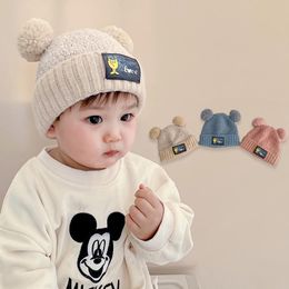 Berets Winter Infant Baby Hat Double Ball Thick Warm Ear Cap For Boy Girl Cold Proof Cotton Kids Hats Solid Colour Children Beanies