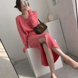 Autumn Pink Knitted Matching Sets Fashion Pullovers Long Sleeve V Neck Sweaters Tops Slim High Waist Split Knitted Skirts Blue 210610
