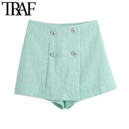 TRAF Women Chic Fashion With Buttons Tweed Shorts Skirts Vintage High Waist Side Zipper Female Skorts Mujer 210611