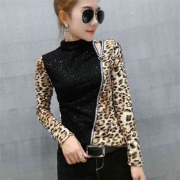 Patchwork Leopard Pullover Tshirt Spring Autumn Women Sequined Bottoming Shirt Turtleneck T Shirts Clothes T91801 210421