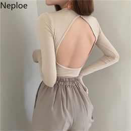 Sexy Open Back Bottom Solid T Shirt O Neck Pullover Long Sleeve Perspective Tee Cutton Wild Slim Spring Top49345 210422