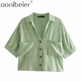 Linen Blended Cropped Shirt Short Sleeve Button Up Women Tops Female Pockets Pink White Blouse Green Loose Shirts 210604