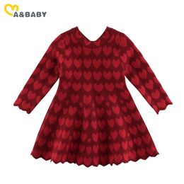 1-7Y Autumn Winter Kid Children Baby Girls Red Dress Heart Print Long Sleeve Dresses For Valentine's Day Costumes 210515