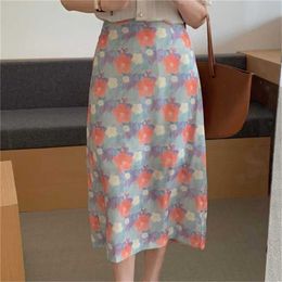 Plus Size Sexy A-Line Florals Prom Summer High Waist Lady OL Sweet Printing Slim Femme Vintage Long Skirts 210525