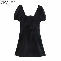 Zevity Women Vintage Square Collar Backless Bandage Black Mini Dress Female Chic Summer Puff Sleeve Casual Slim Vestido DS8311 210603